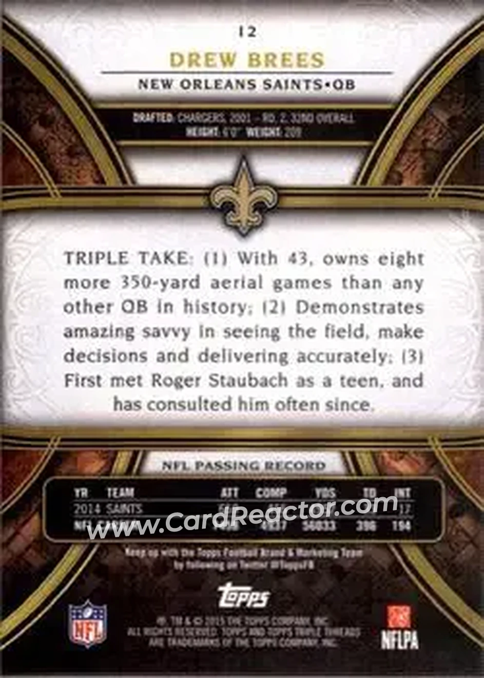 2015 Topps Triple Threads #12 - Drew Brees - New Orleans Saints - Back