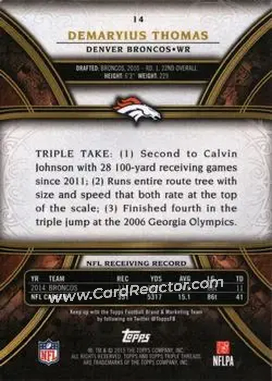 2015 Topps Triple Threads #14 - Demaryius Thomas - Denver Broncos - Back
