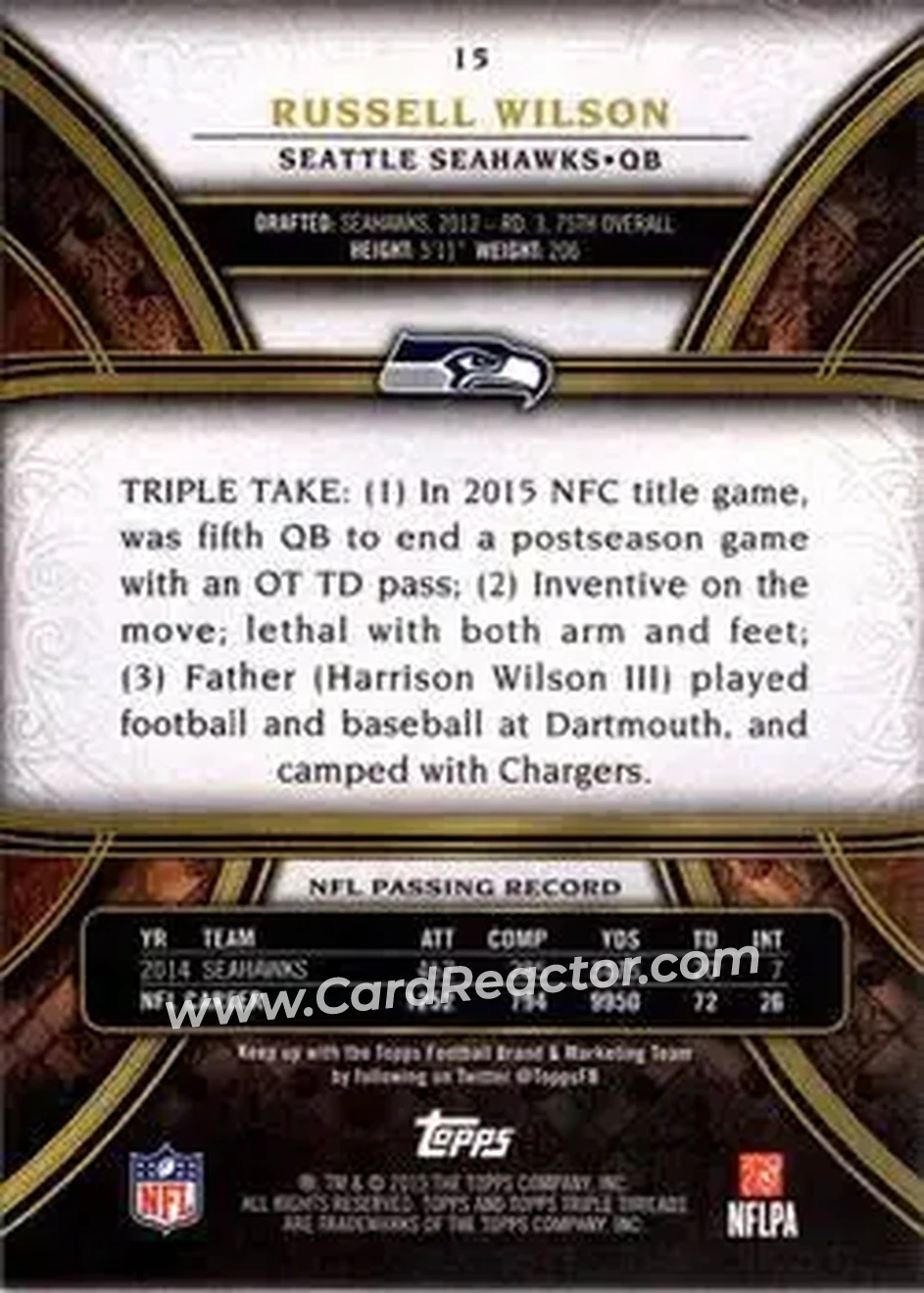 2015 Topps Triple Threads #15 - Russell Wilson - Seattle Seahawks - Back
