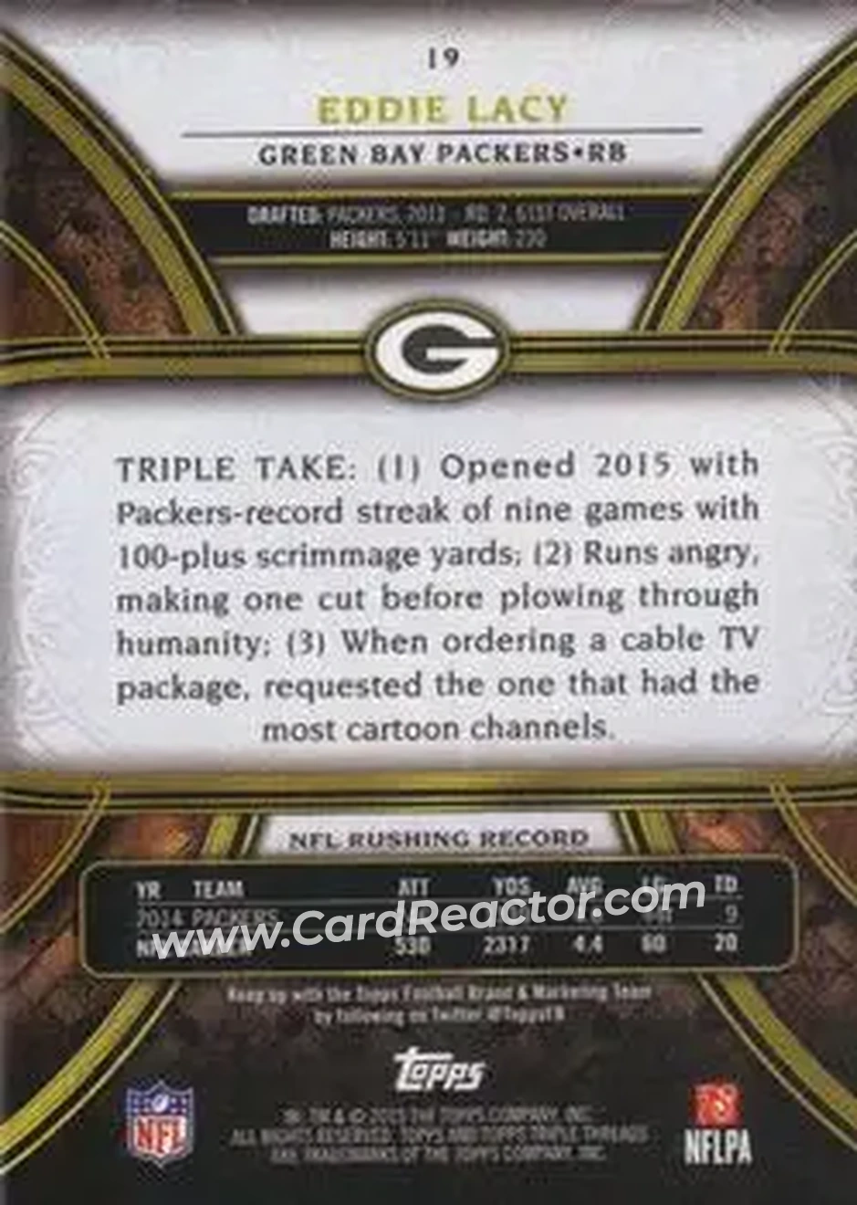 2015 Topps Triple Threads #19 - Eddie Lacy - Green Bay Packers - Back