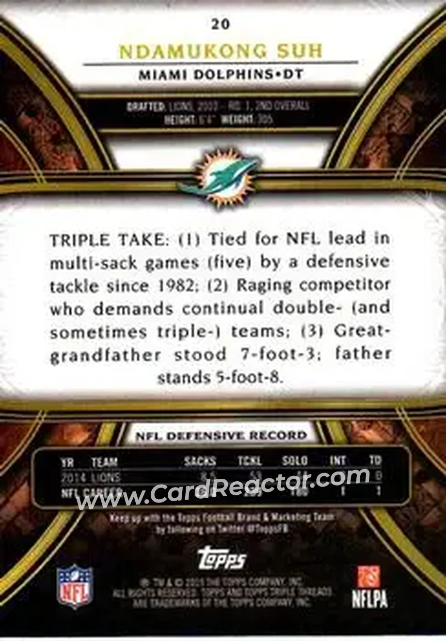 2015 Topps Triple Threads #20 - Ndamukong Suh - Miami Dolphins - Back 2015 Topps Triple Threads #20 - Ndamukong Suh - Miami Dolphins - Back