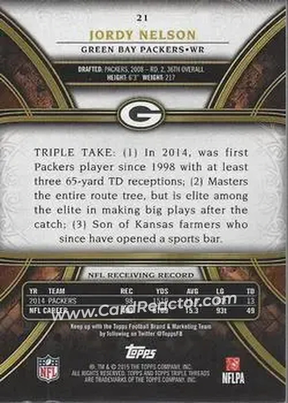 2015 Topps Triple Threads #21 - Jordy Nelson - Green Bay Packers - Back
