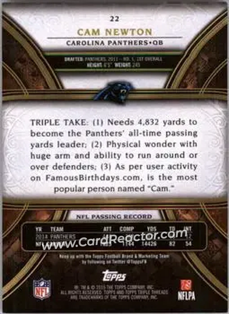 2015 Topps Triple Threads #22 - Cam Newton - Carolina Panthers - Back