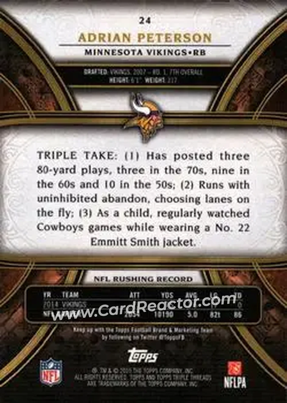 2015 Topps Triple Threads #24 - Adrian Peterson - Minnesota Vikings - Back