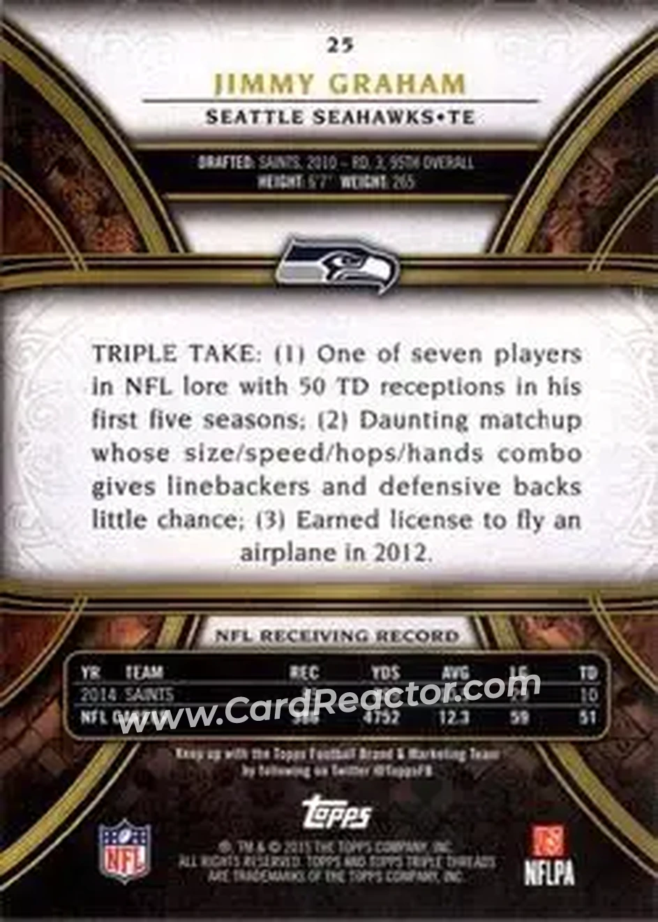 2015 Topps Triple Threads #25 - Jimmy Graham - Seattle Seahawks - Back
