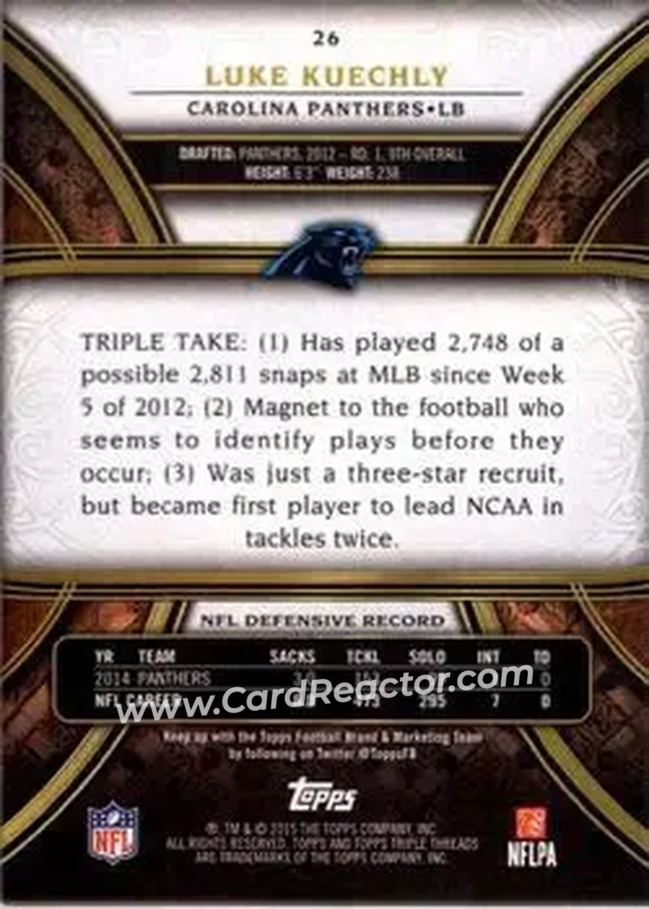 2015 Topps Triple Threads #26 - Luke Kuechly - Carolina Panthers - Back