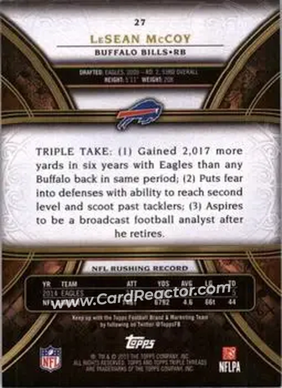 2015 Topps Triple Threads #27 - LeSean McCoy - Buffalo Bills - Back