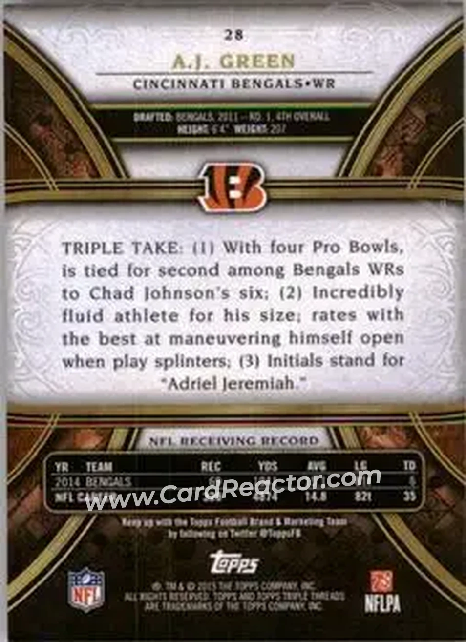 2015 Topps Triple Threads #28 - A.J. Green - Cincinnati Bengals - Back 2015 Topps Triple Threads #28 - A.J. Green - Cincinnati Bengals - Back