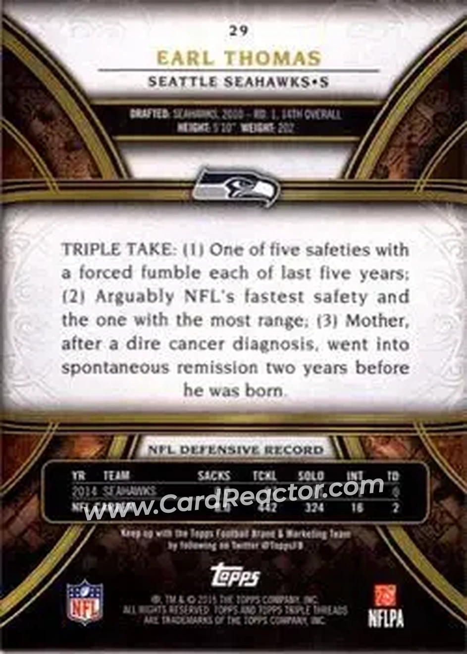 2015 Topps Triple Threads #29 - Earl Thomas III - Seattle Seahawks - Back