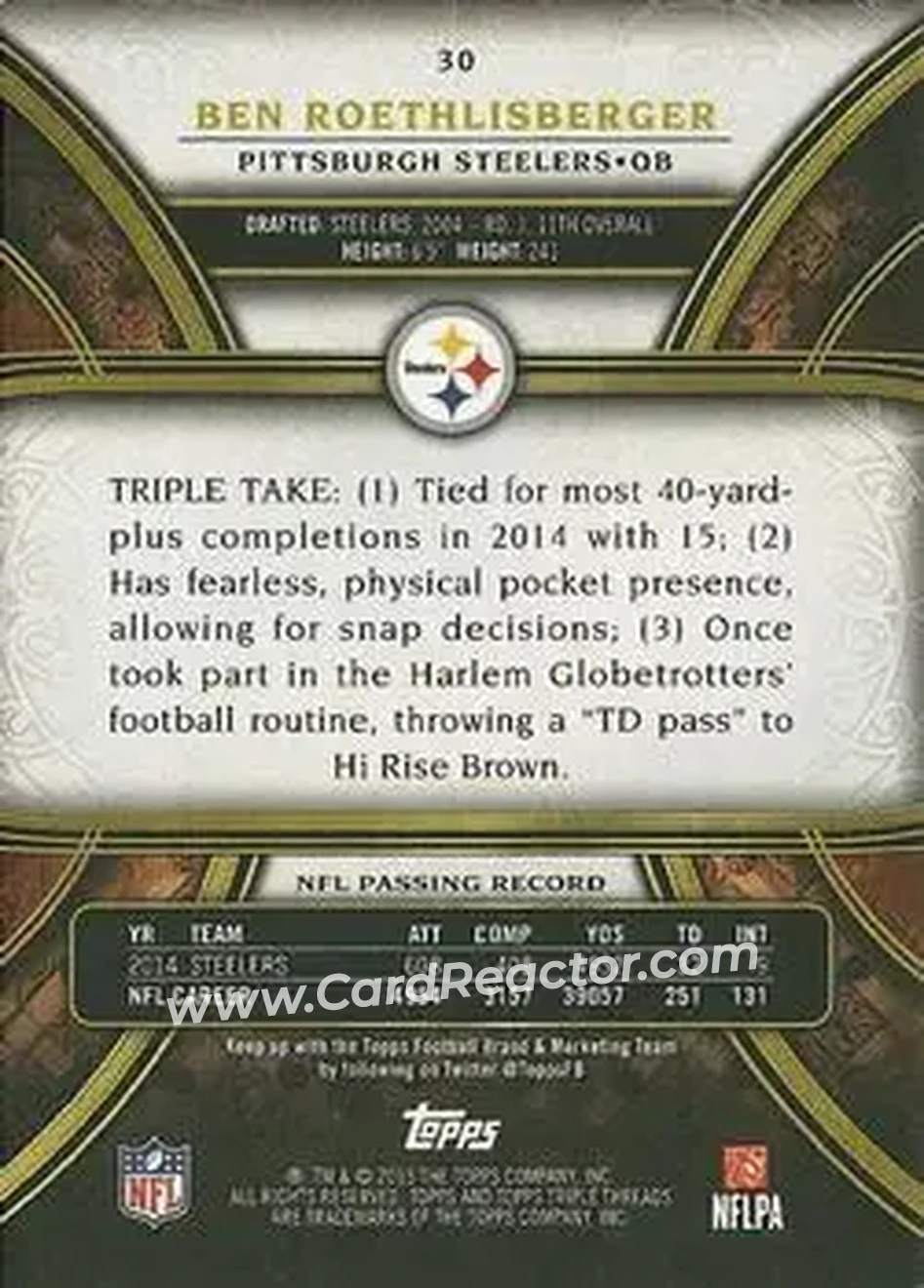 2015 Topps Triple Threads #30 - Ben Roethlisberger - Pittsburgh Steelers - Back