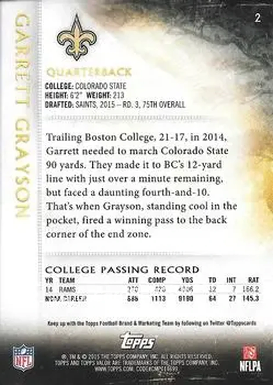 2015 Topps Valor #2 - Garrett Grayson - New Orleans Saints - Back