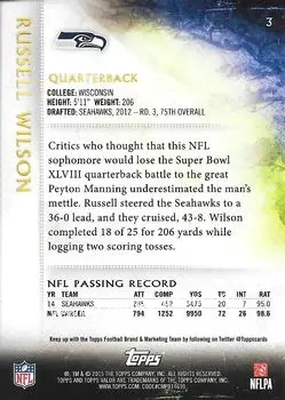 2015 Topps Valor #3 - Russell Wilson - Seattle Seahawks - Back