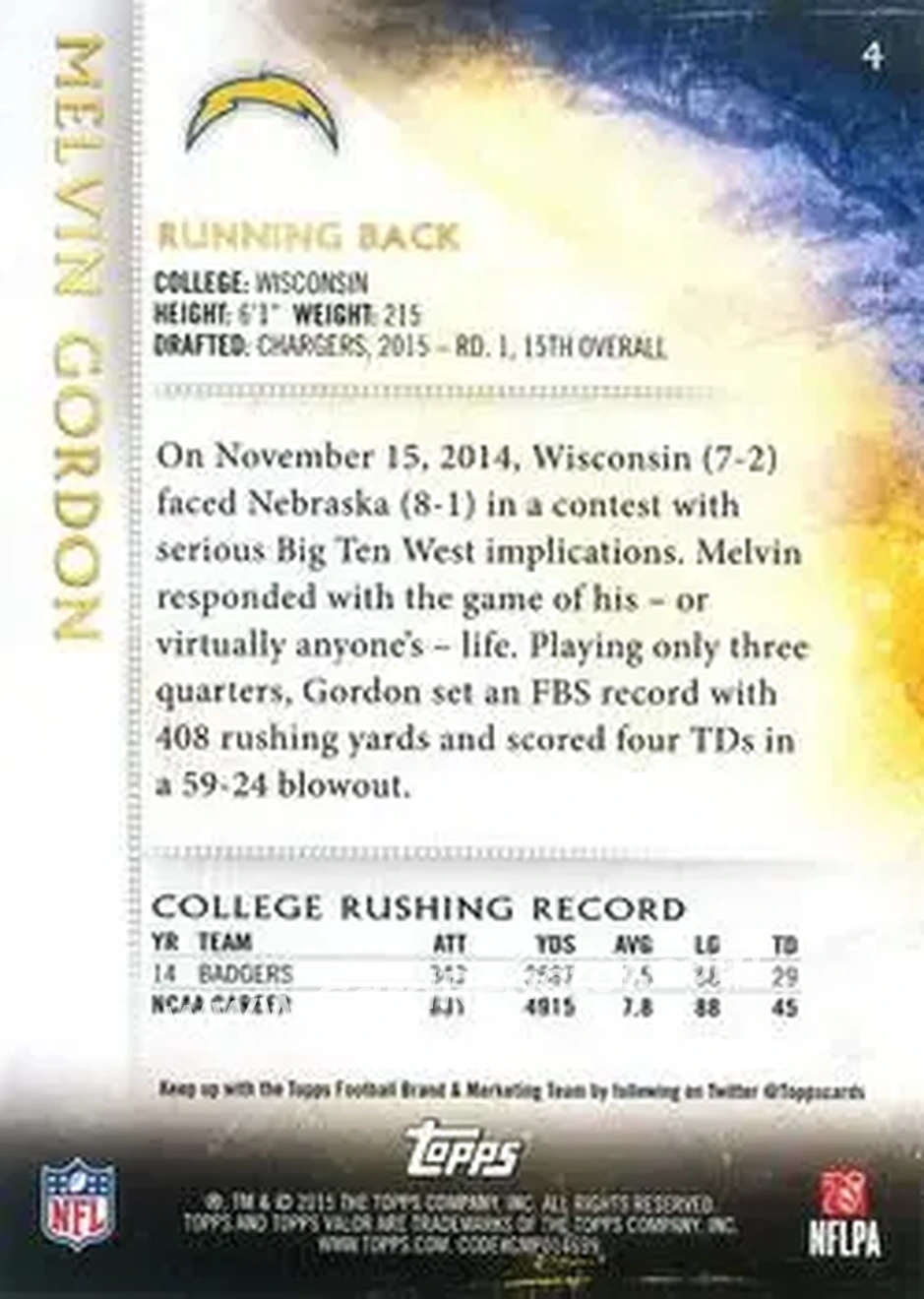 2015 Topps Valor #4 - Melvin Gordon III - San Diego Chargers - Back