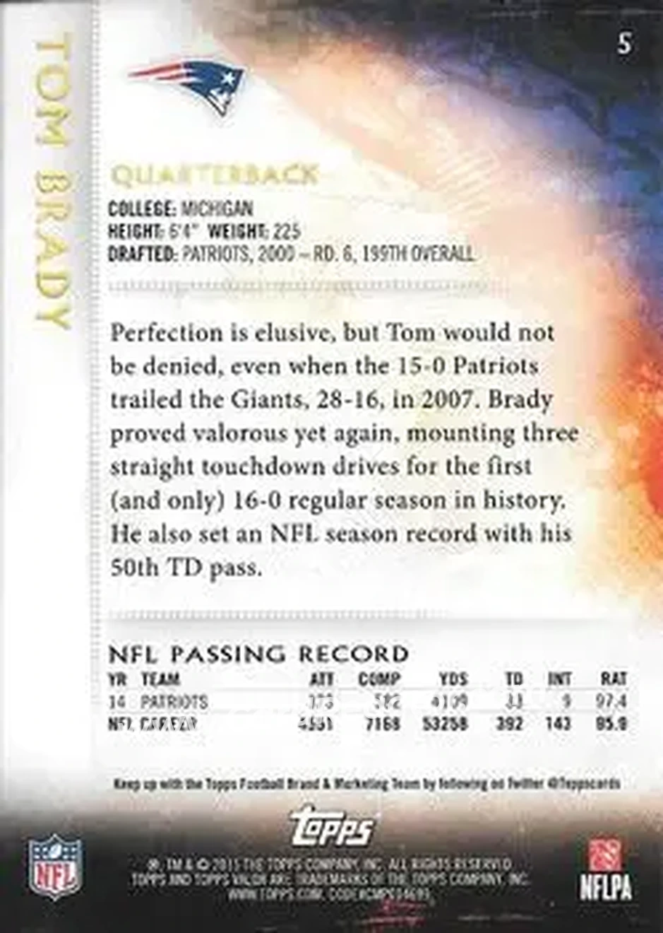 2015 Topps Valor #5 - Tom Brady - New England Patriots - Back