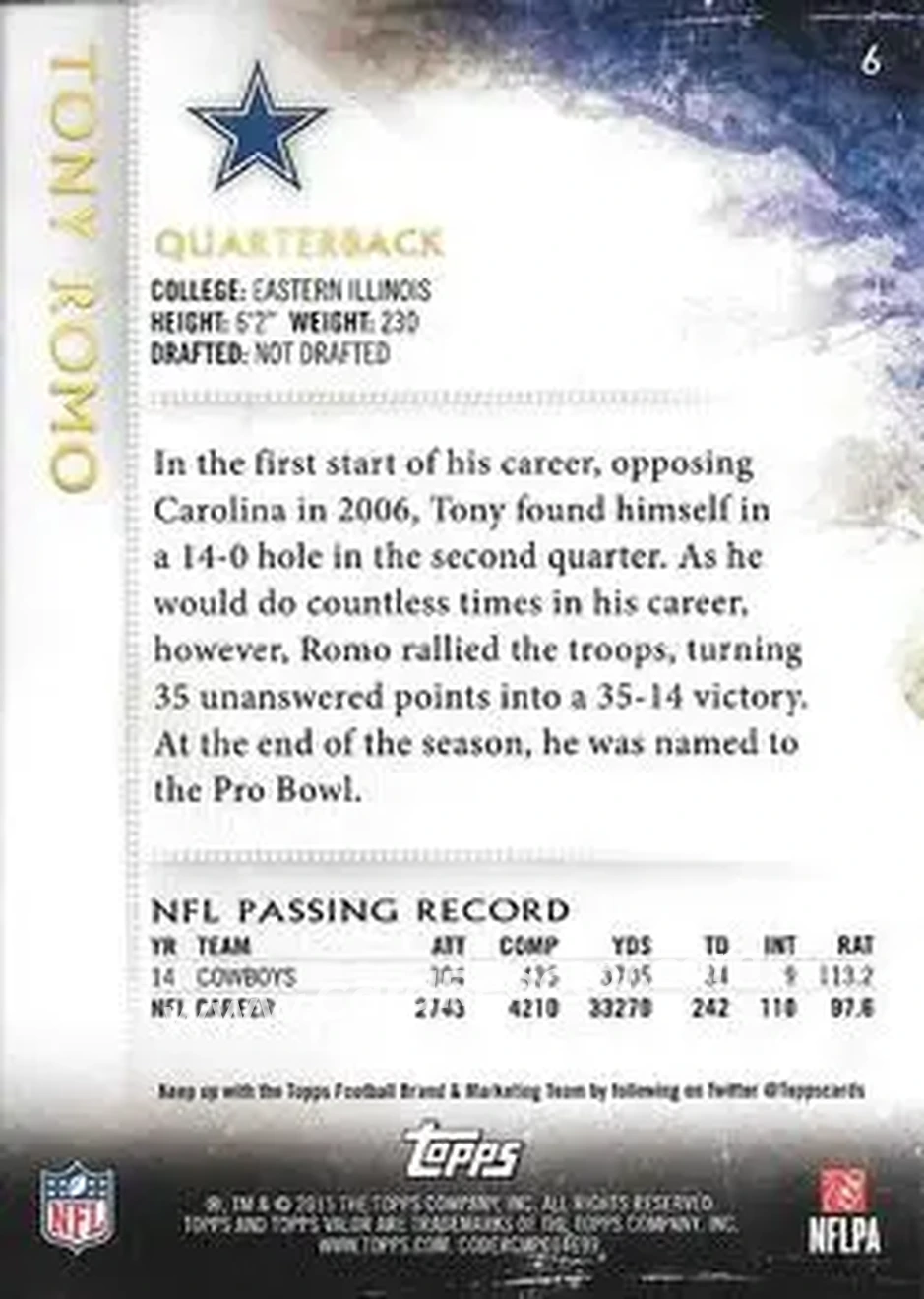 2015 Topps Valor #6 - Tony Romo - Dallas Cowboys - Back