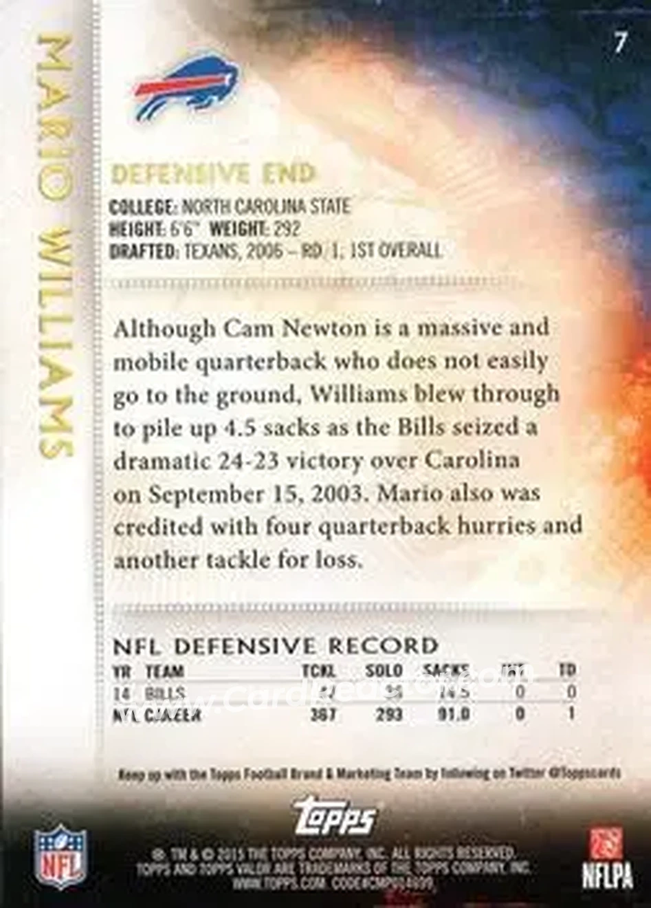 2015 Topps Valor #7 - Mario Williams - Buffalo Bills - Back