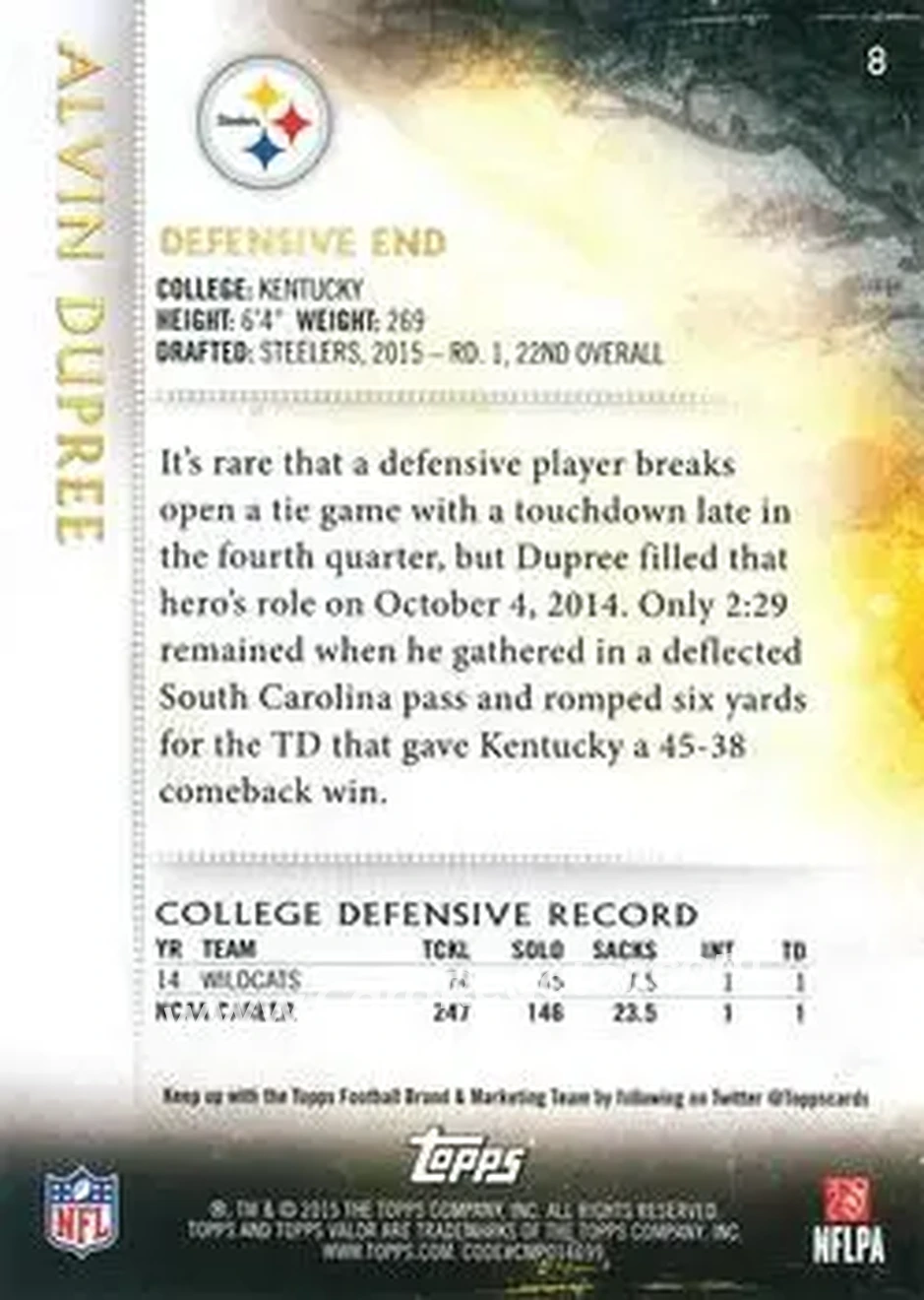 2015 Topps Valor #8 - Bud Dupree - Pittsburgh Steelers - Back