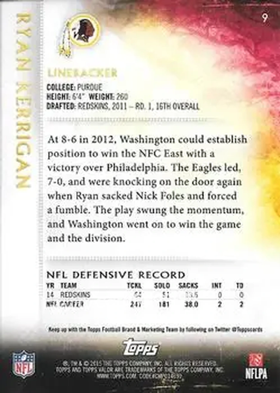 2015 Topps Valor #9 - Ryan Kerrigan - Washington Redskins - Back