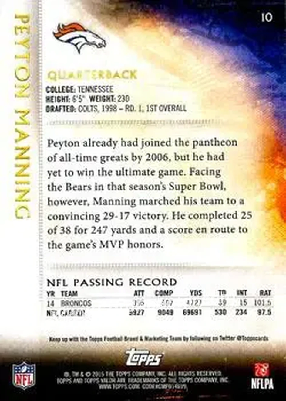 2015 Topps Valor #10 - Peyton Manning - Denver Broncos - Back 2015 Topps Valor #10 - Peyton Manning - Denver Broncos - Back