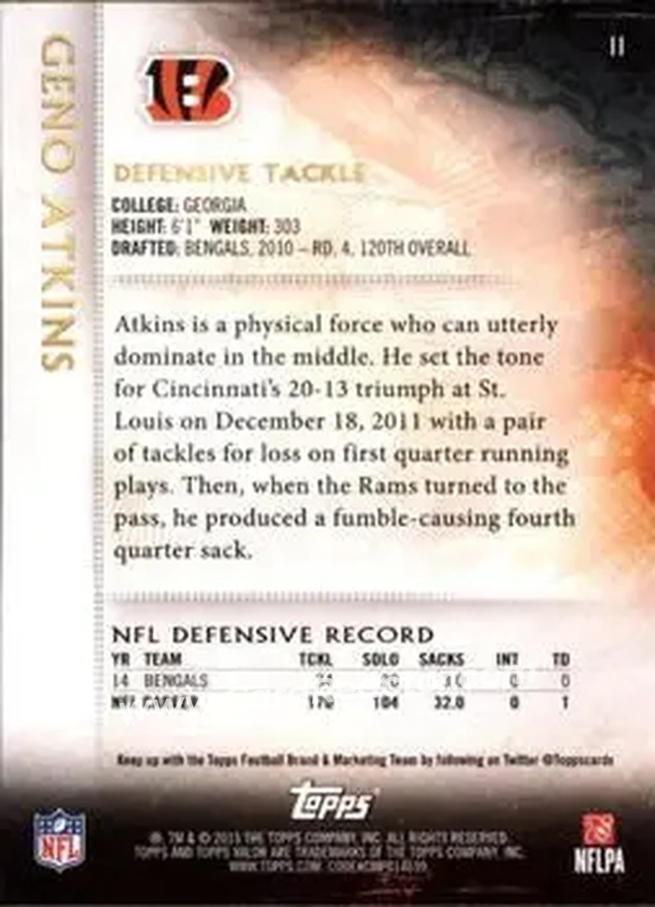 2015 Topps Valor #11 - Geno Atkins - Cincinnati Bengals - Back
