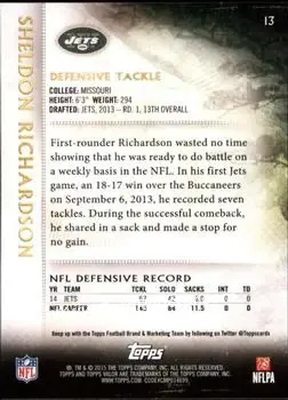 2015 Topps Valor #13 - Sheldon Richardson - New York Jets - Back
