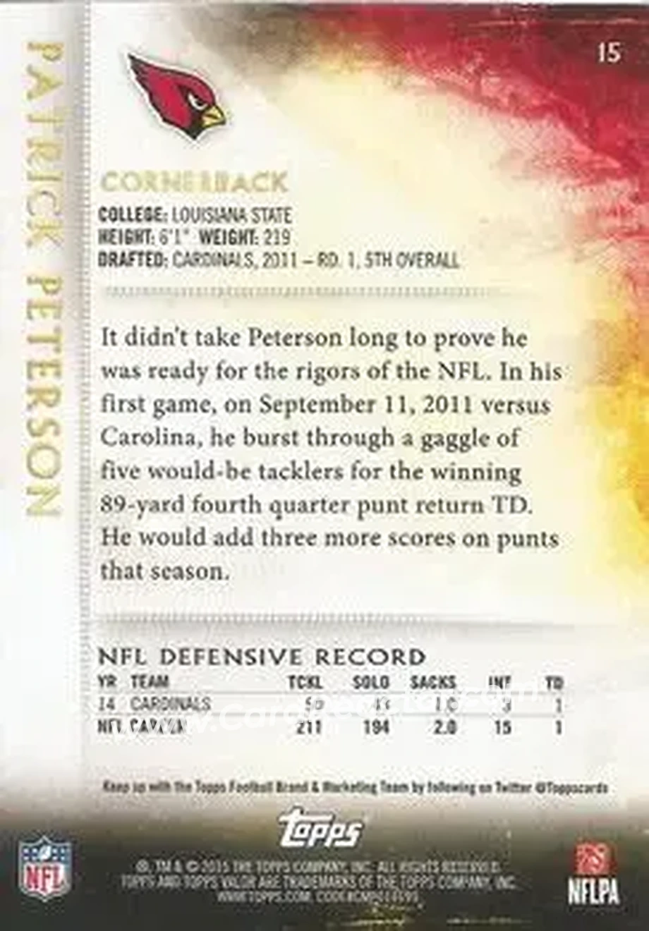 2015 Topps Valor #15 - Patrick Peterson - Arizona Cardinals - Back