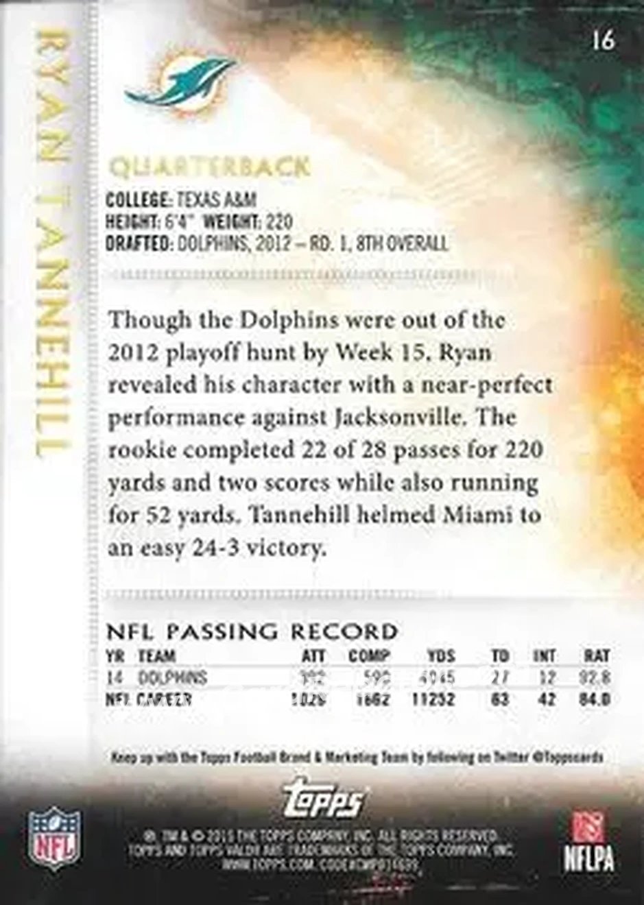 2015 Topps Valor #16 - Ryan Tannehill - Miami Dolphins - Back