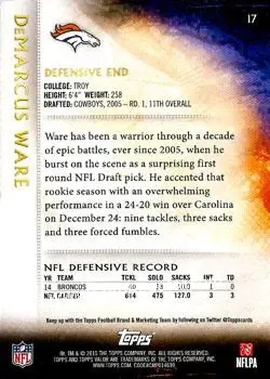 2015 Topps Valor #17 - DeMarcus Ware - Denver Broncos - Back