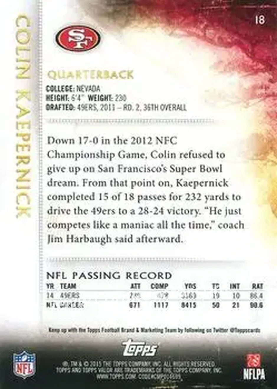 2015 Topps Valor #18 - Colin Kaepernick - San Francisco 49ers - Back