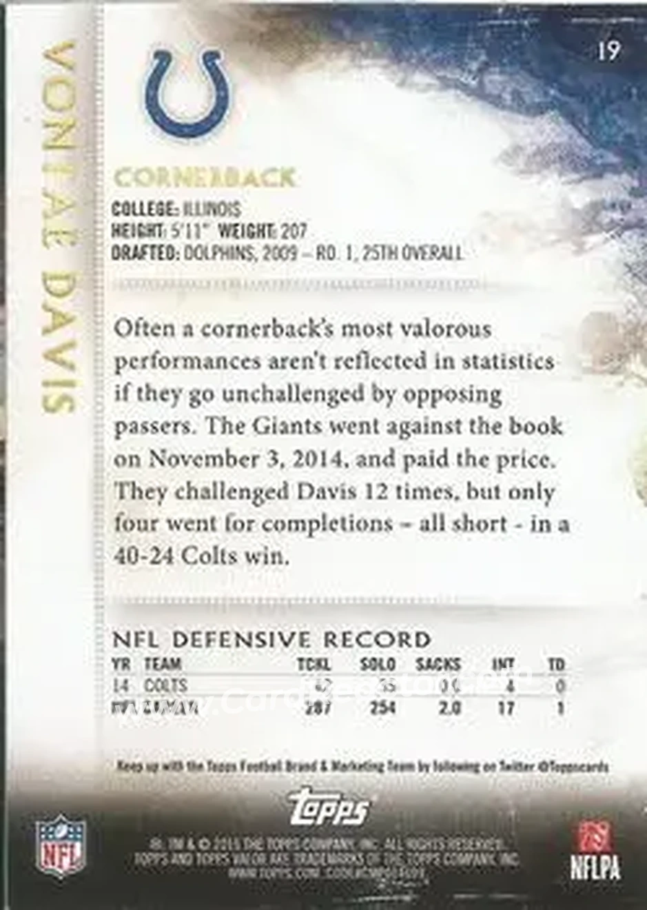 2015 Topps Valor #19 - Vontae Davis - Indianapolis Colts - Back