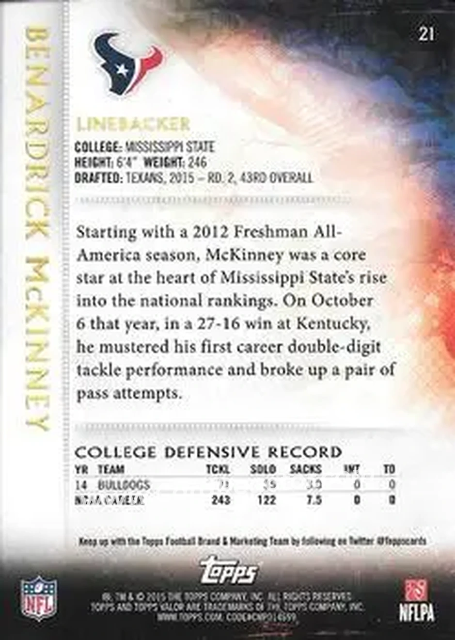 2015 Topps Valor #21 - Benardrick McKinney - Houston Texans - Back