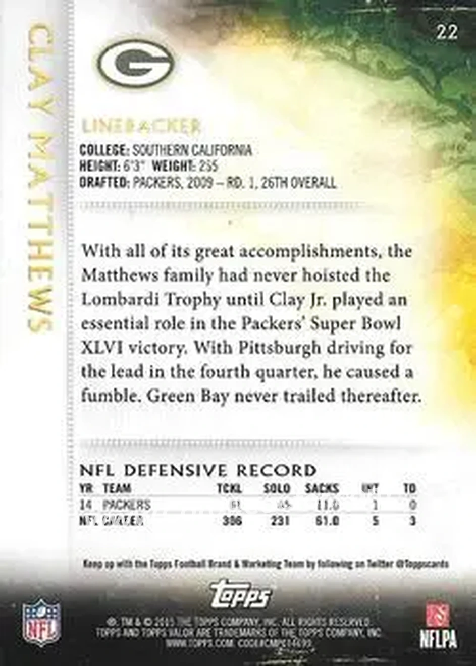 2015 Topps Valor #22 - Clay Matthews - Green Bay Packers - Back