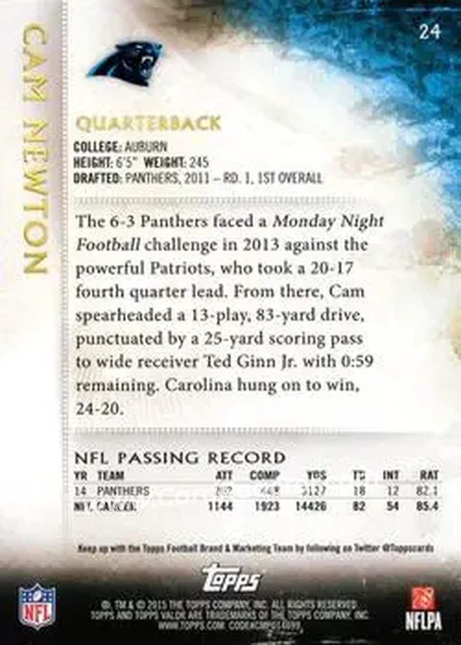 2015 Topps Valor #24 - Cam Newton - Carolina Panthers - Back