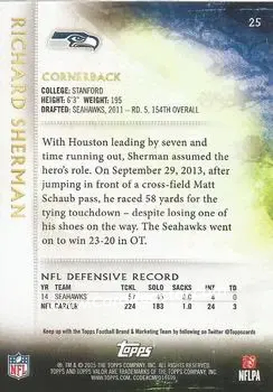 2015 Topps Valor #25 - Richard Sherman - Seattle Seahawks - Back