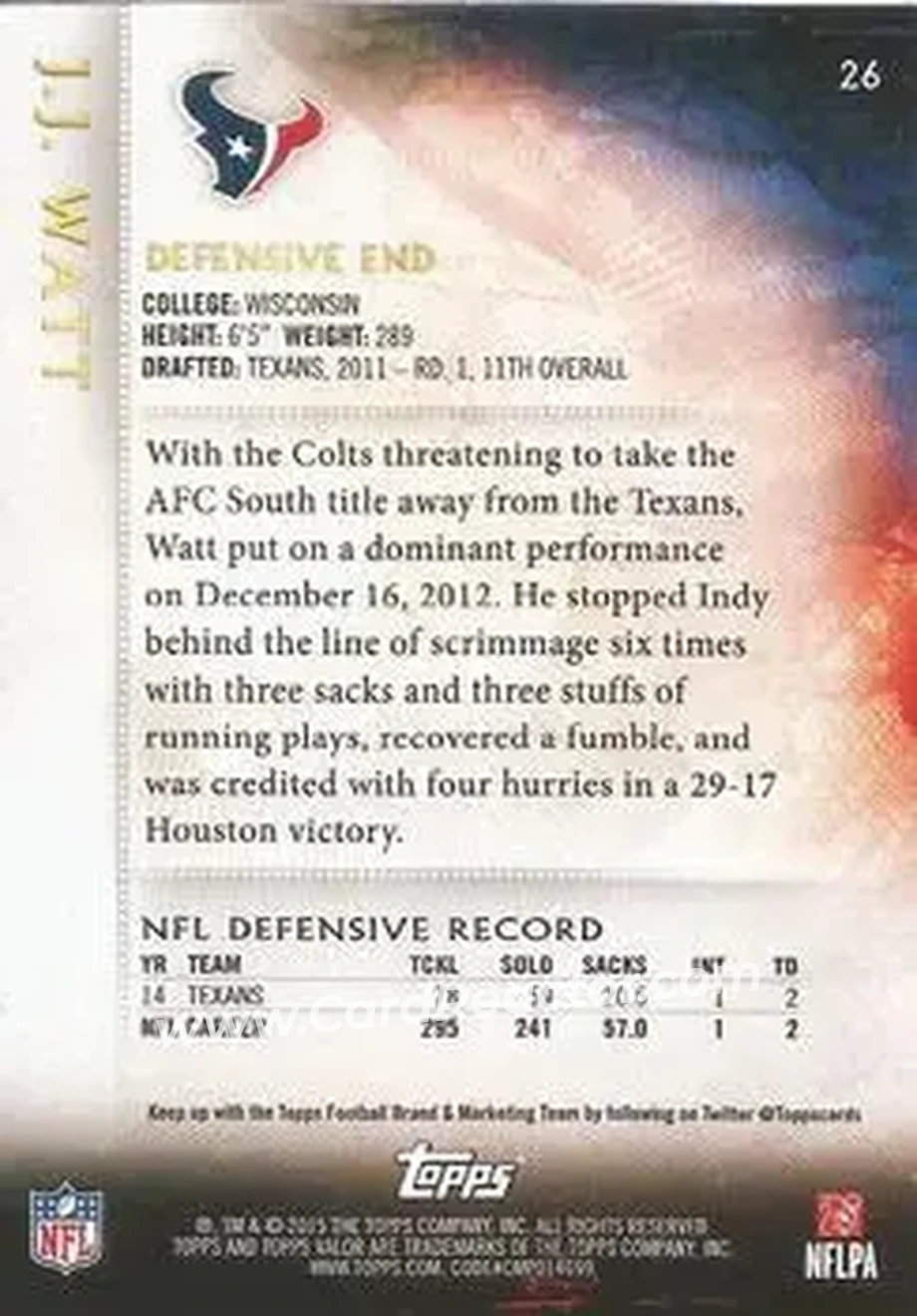2015 Topps Valor #26 - J.J. Watt - Houston Texans - Back