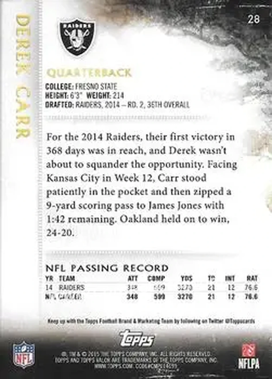 2015 Topps Valor #28 - Derek Carr - Oakland Raiders - Back