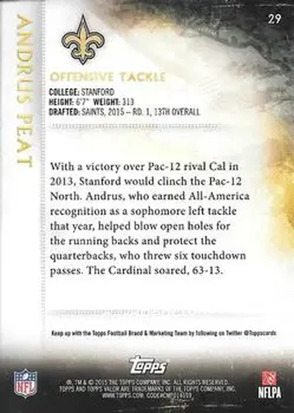 2015 Topps Valor #29 - Andrus Peat - New Orleans Saints - Back