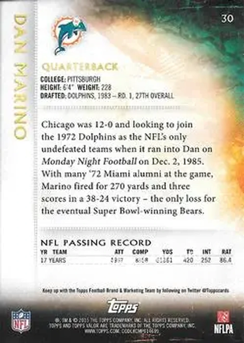 2015 Topps Valor #30 - Dan Marino - Miami Dolphins - Back