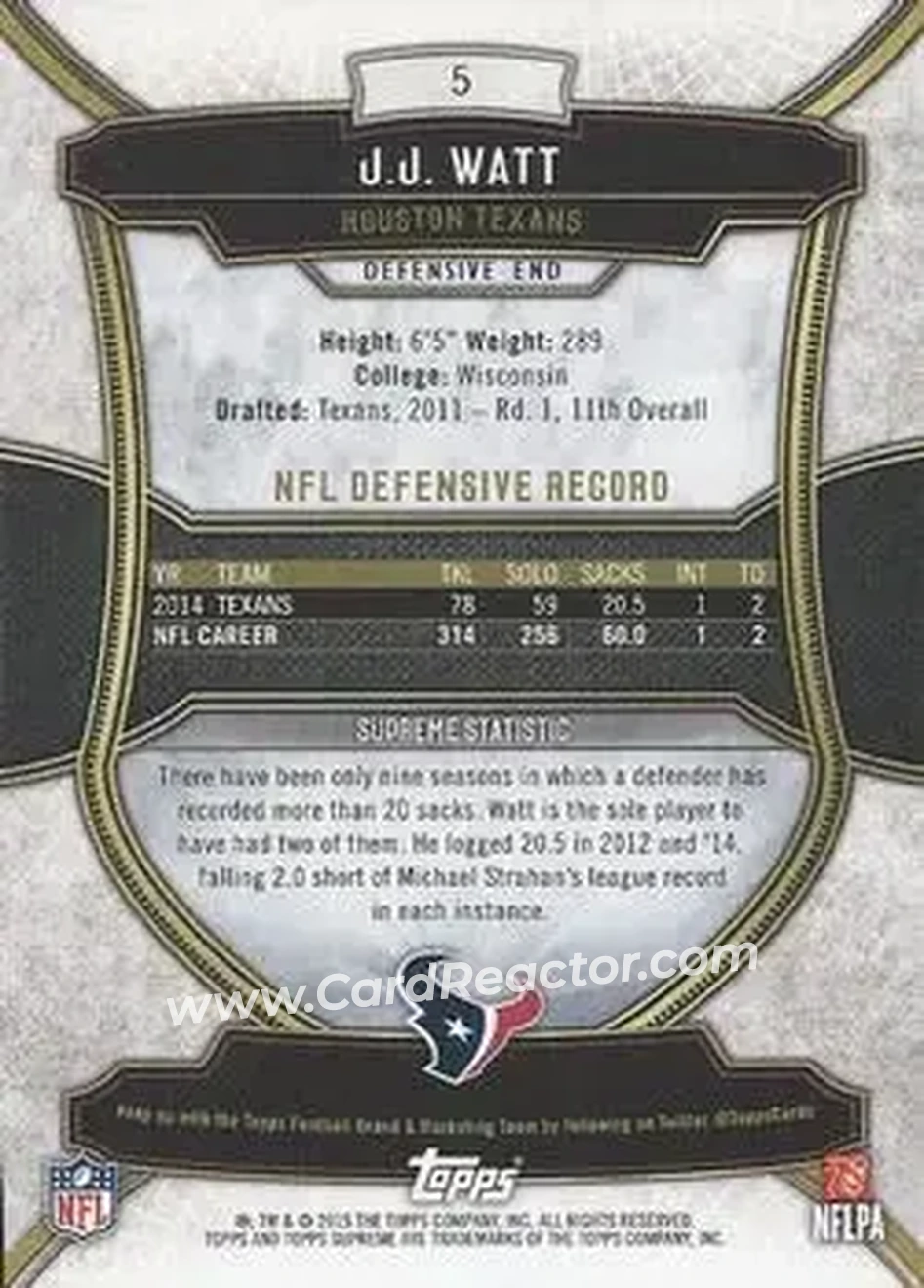 2015 Topps Supreme - Copper #5 - J.J. Watt - Houston Texans - Back 2015 Topps Supreme - Copper #5 - J.J. Watt - Houston Texans - Back