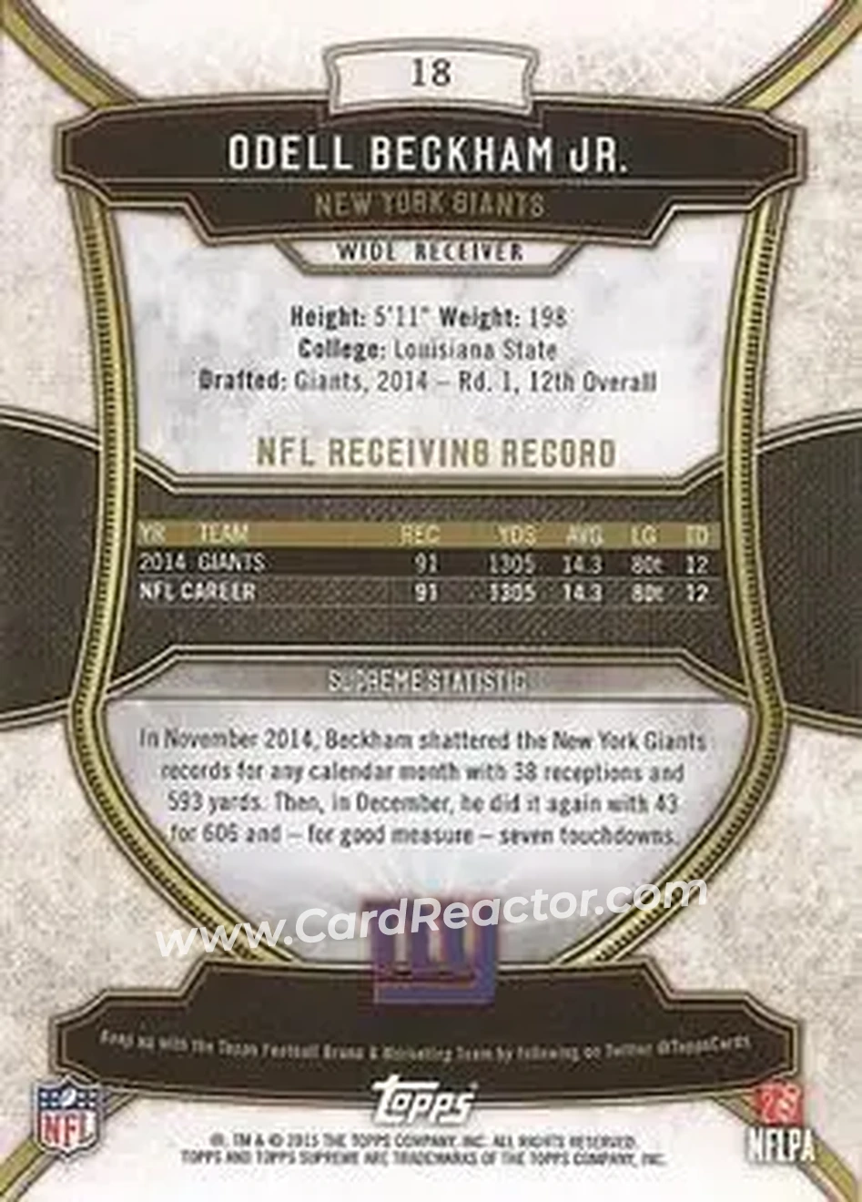 2015 Topps Supreme - Copper #18 - Odell Beckham Jr. - New York Giants - Back 2015 Topps Supreme - Copper #18 - Odell Beckham Jr. - New York Giants - Back