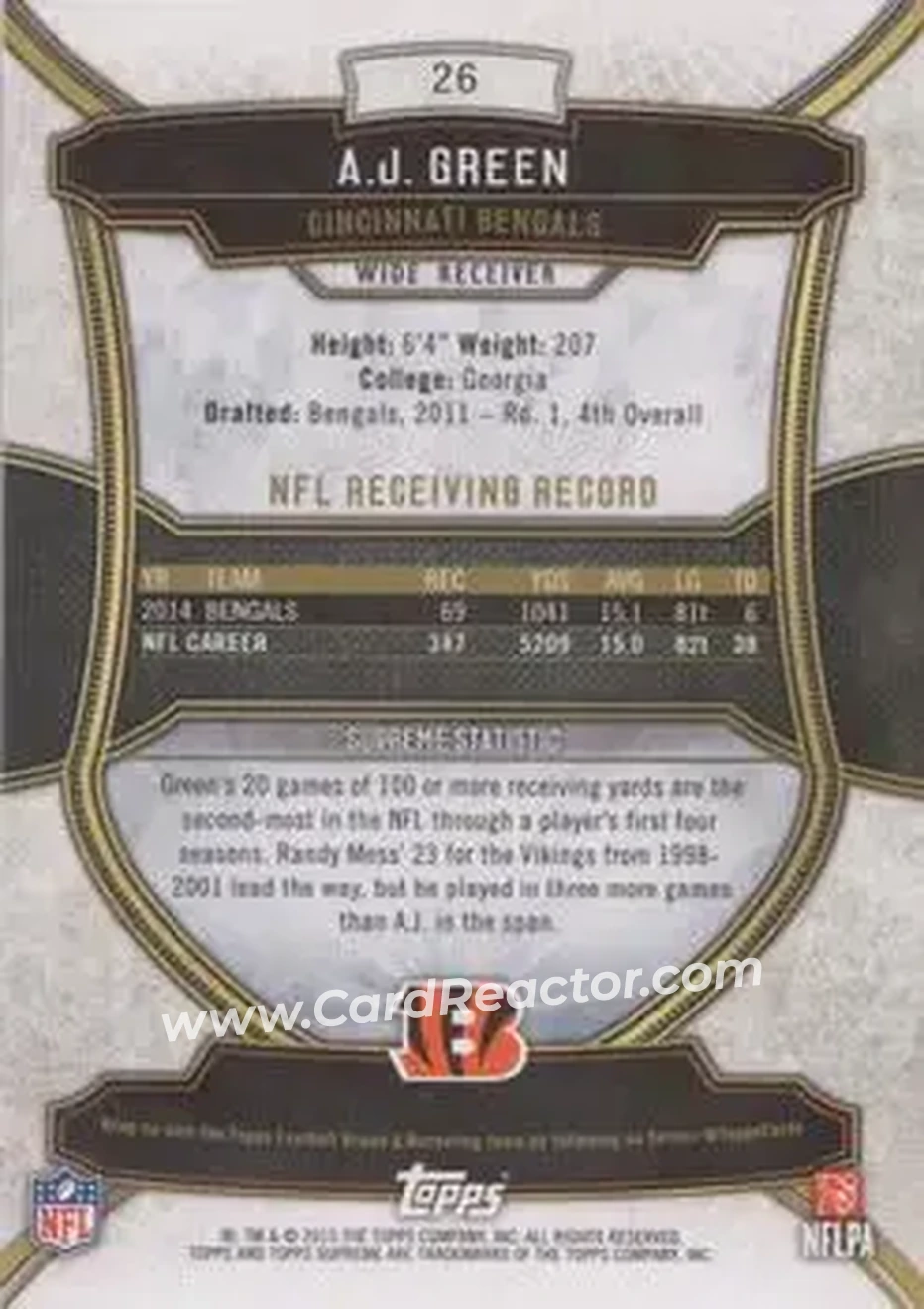 2015 Topps Supreme - Copper #26 - A.J. Green - Cincinnati Bengals - Back