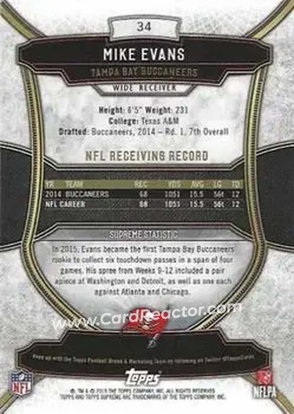 2015 Topps Supreme - Copper #34 - Mike Evans - Tampa Bay Buccaneers - Back