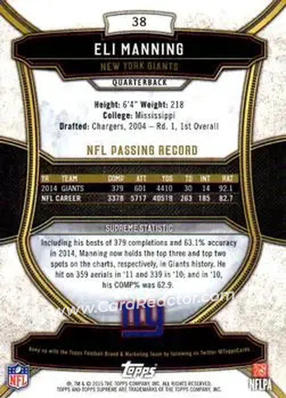2015 Topps Supreme - Copper #38 - Eli Manning - New York Giants - Back