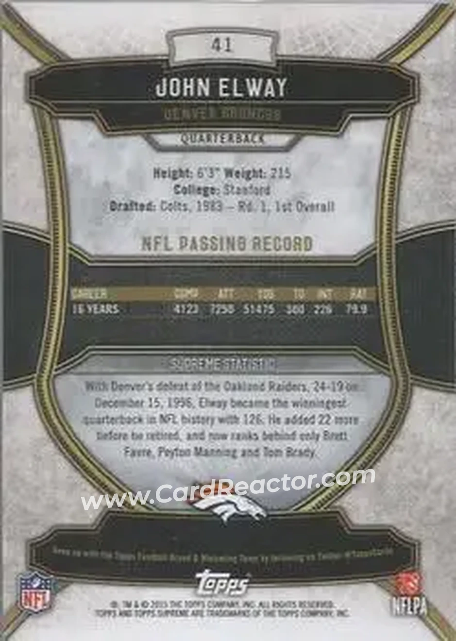 2015 Topps Supreme - Copper #41 - John Elway - Denver Broncos - Back