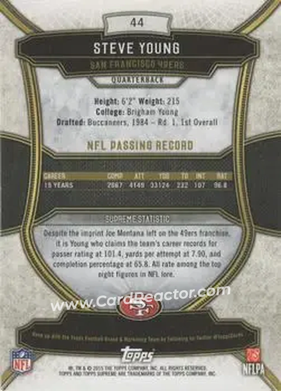 2015 Topps Supreme - Copper #44 - Steve Young - San Francisco 49ers - Back