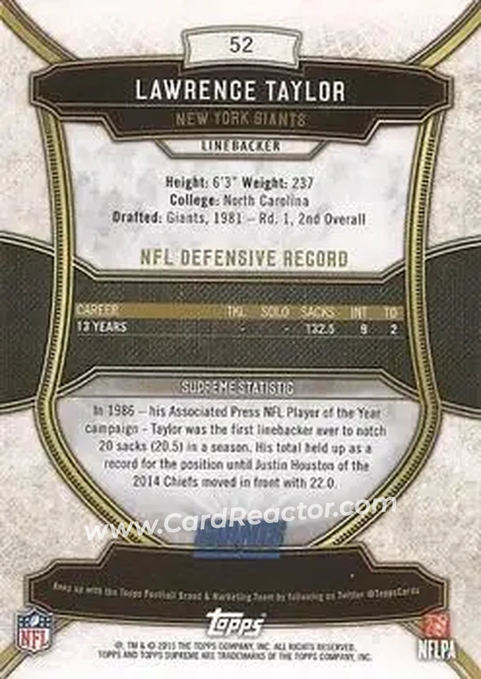 2015 Topps Supreme - Copper #52 - Lawrence Taylor - New York Giants - Back