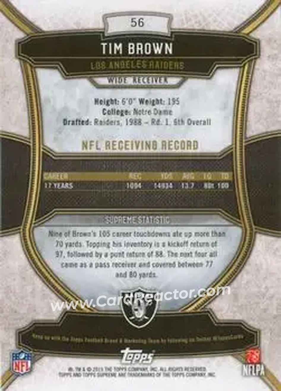 2015 Topps Supreme - Copper #56 - Tim Brown - Los Angeles Raiders - Back