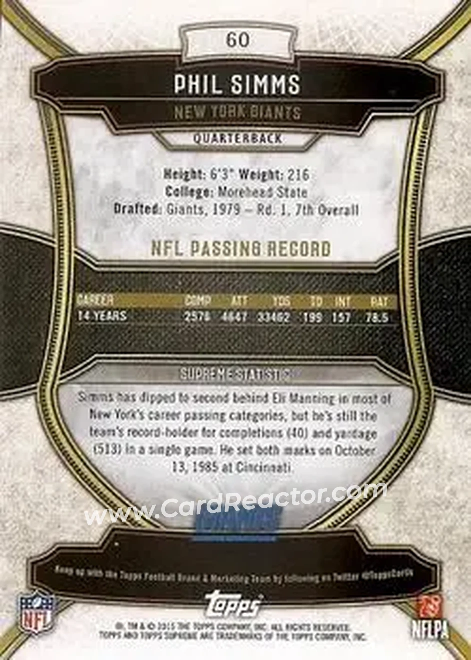 2015 Topps Supreme - Copper #60 - Phil Simms - New York Giants - Back