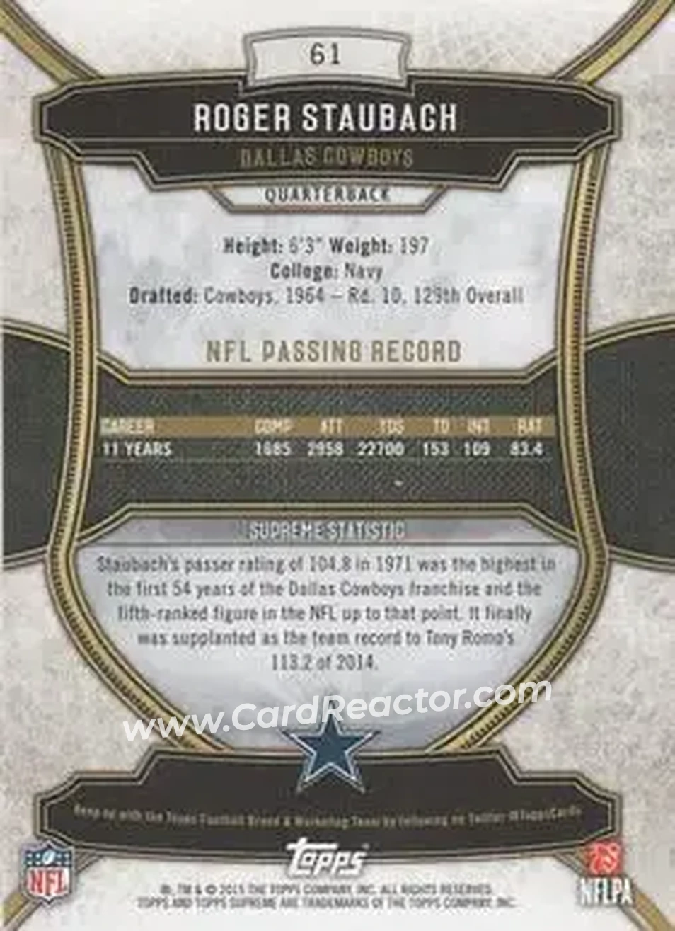 2015 Topps Supreme - Copper #61 - Roger Staubach - Dallas Cowboys - Back