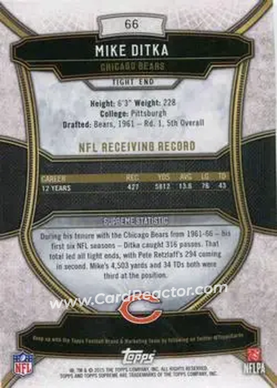 2015 Topps Supreme - Copper #66 - Mike Ditka - Chicago Bears - Back